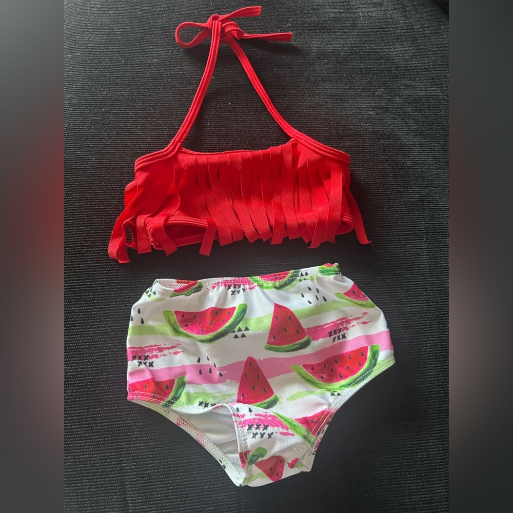 Red Fringe Bikini Set with Watermelon Print